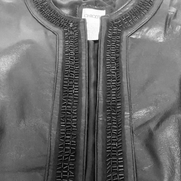 Chicos size 1 black leather jacket jewel trim neckline and front 3 snap closure - Picture 3 of 6